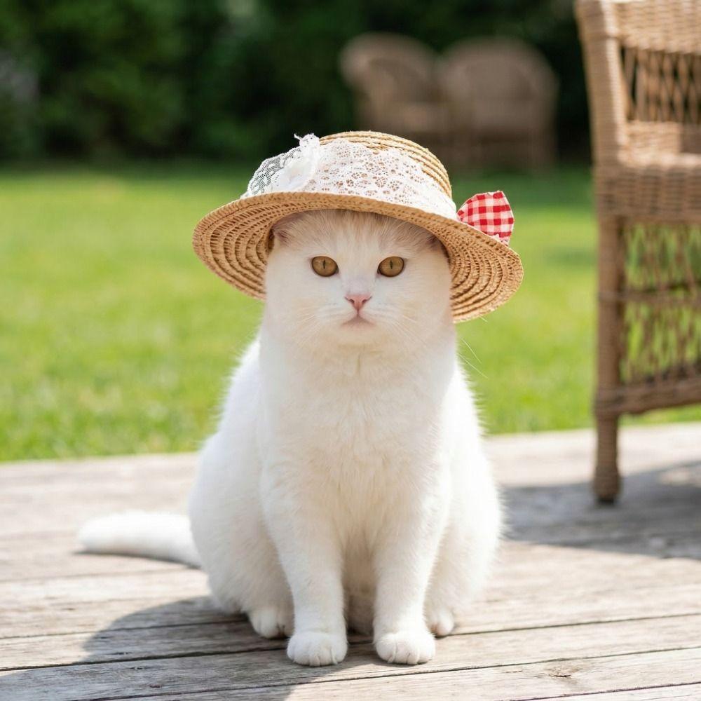 Fashion Adjustable Pet Straw Hat Sun Protection Lace Trim Bow Dog Fisherman Hat Retro Style Wide Brim Cat Sun Hat Walking Hiking