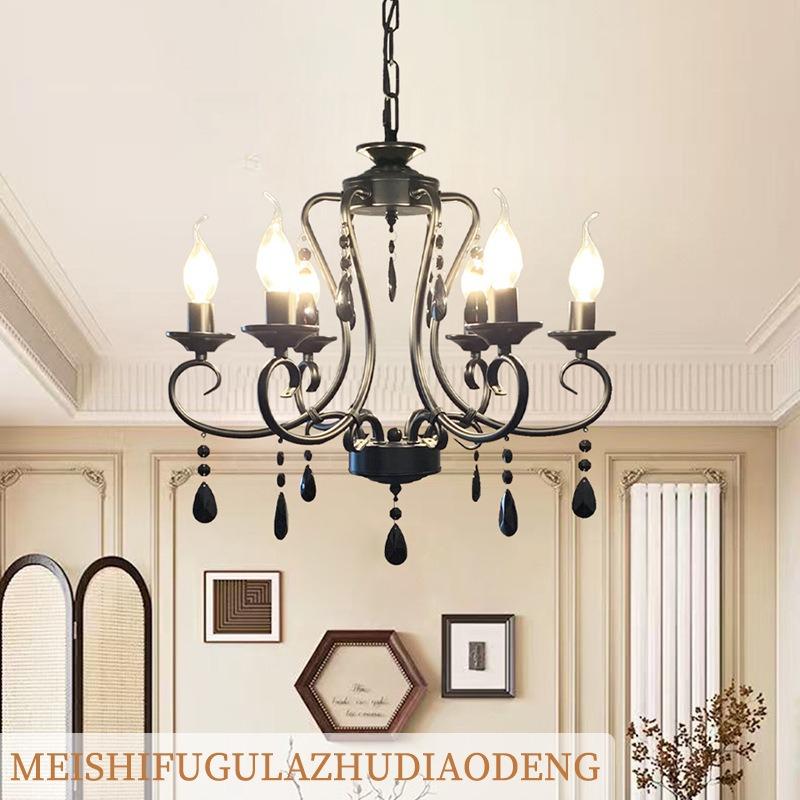 Retro Candle Pendant Light, Living Room Light, Dining Room Bedroom, Simple Rustic Style, Wrought Iron Black Crystal Lighting Fixture