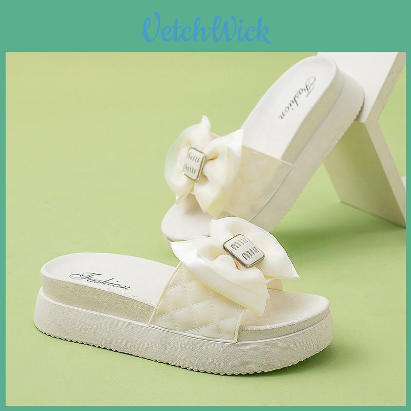 Stylish Thick Soled Bowknot Summer Slippers For Women Fashionable Casual Wear
