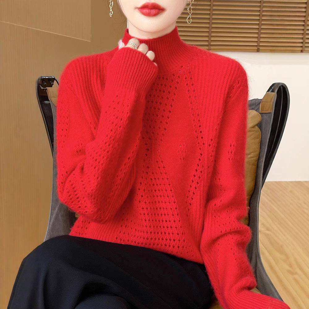 Thickened Wool Half-High Neck Diamond Cutout Pullover, Long Sleeve Women's Knit Sweater