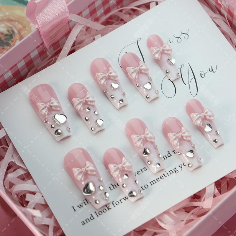 Press-On Nails Women Pink White A2600 Full Rhinestone Edge Heart Bow Design Long Sweet Style Acrylic Nail Tips L Includes 3-piece nail art tool kit