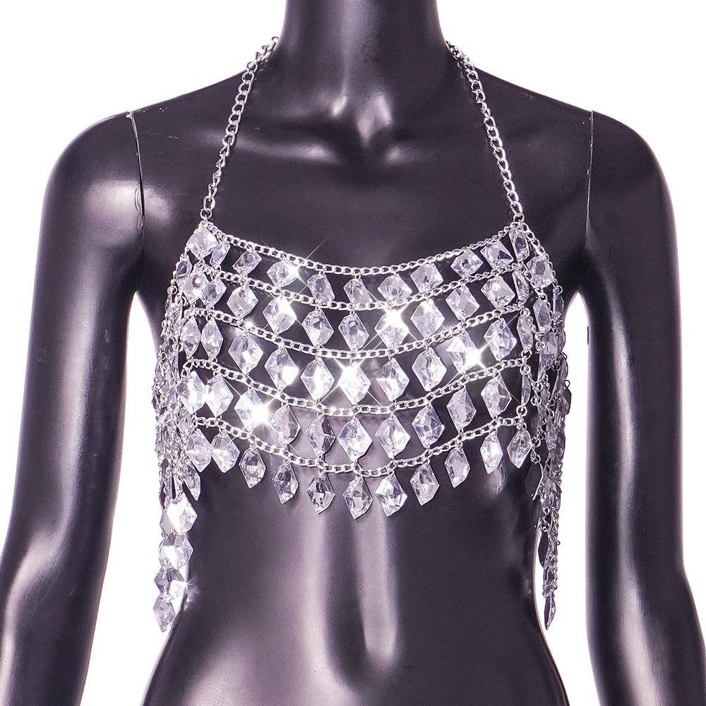 Silver Metal Gemstone Chest Ornaments Rhinestone Decor Bikini Straps Sexy Women'S Hollow Corset