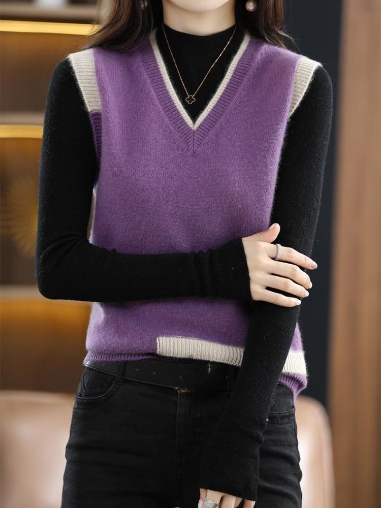 Solid Color V Neck Sweater Vest, Casual Sleeveless Knit Vest for Spring & Fall, Women's Clothing