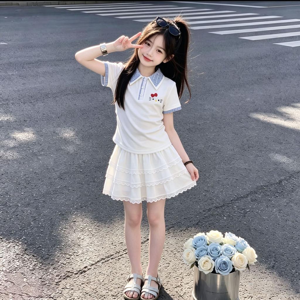 Girls Summer Polo Neck Short Sleeve Top with Lace Trimmed Tiered Dress Set