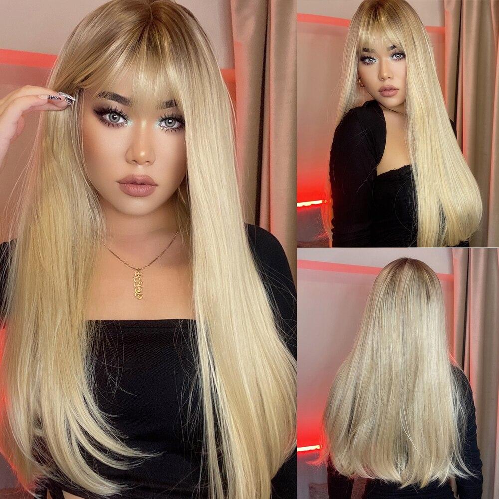 EASIHAIR Blonde Ombre Synthetic Natural Hair Wigs Long Straight with Bangs Daily Cosplay Wig Heat Resistant Fiber Wigs for Women