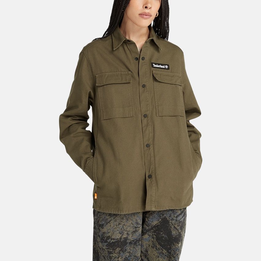 Timberland Solid Color Logo Label Pointed Collar Casual Loose Long Sleeve Shirt Men shirts Green A6JNS-A58