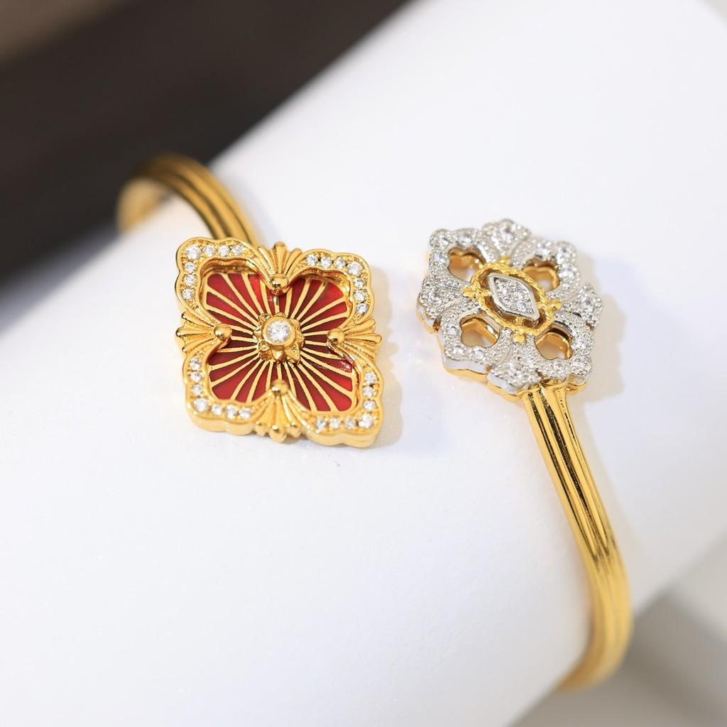 Italian high-end jewelry brand retro palace wind belt diamond brushed four leaf clover shell agate jade bangle V material