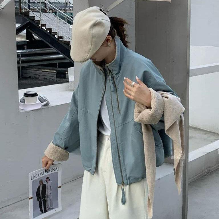 

Lamb wool short pie overcome women s 2025 winter new casual loose small jacket cotton jacket warm M светло-синий