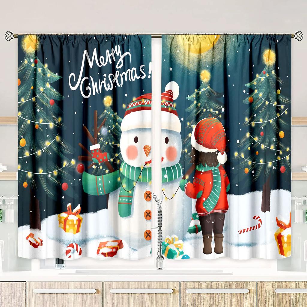 Christmas Snowman Tree Printing Curtain Polyester Material Suitable Bedroom Living Room Study Anti Curtains Set Of 2 Made Area Decor