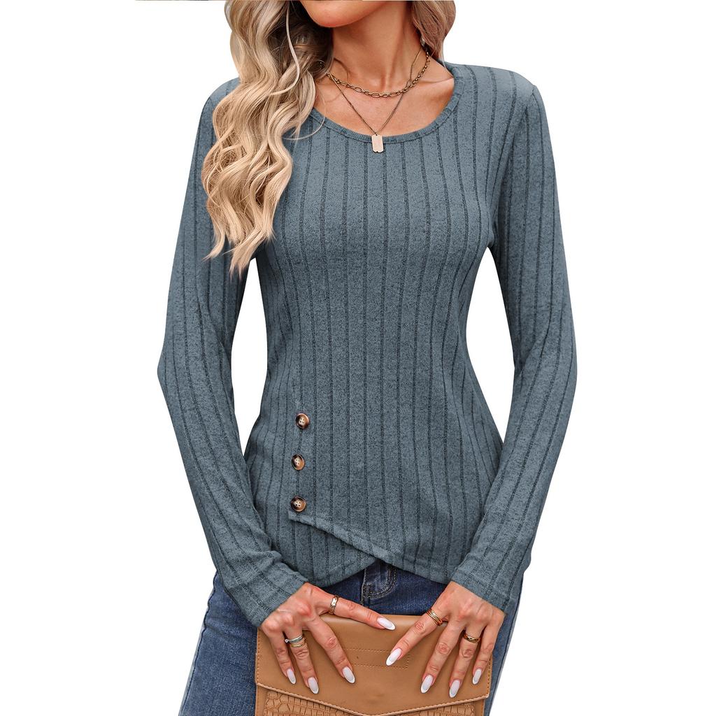 Women's Autumn and Winter Waist Cinched Round Neck Tight Long Sleeved Top