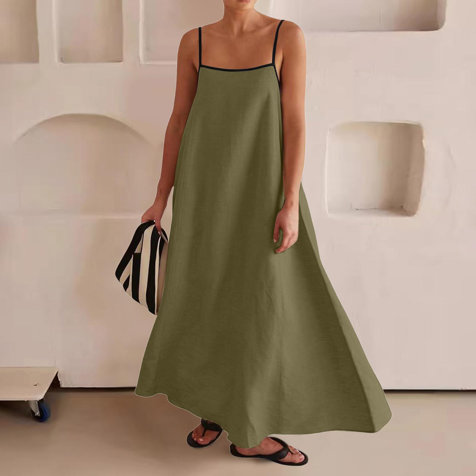 

Ladies Loose Comfortable Casual Fashionable Color Blocked Cotton Leprosy Suspender Large Swing Dress L армия зеленый