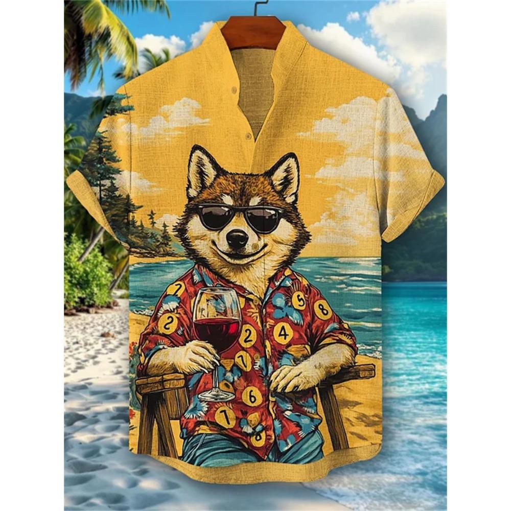 Men's Street Style Short-sleeved Shirt, Quirky Black Cat and Shark Print Casual Men's Top, Trendy and Fashionable Hawaiian Shirt