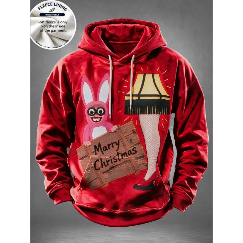Men Fleece Lined Hoodie Santa Beer Christmas Tree Print Pullover Hooded Sweatshirt Holiday Hoody