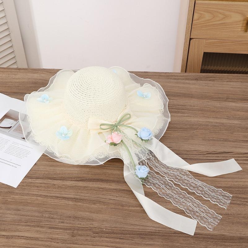 Summer Bow Sun Hat Female, Seaside Beach Vacation Sun Hat Outdoor Big Brim Sun Hat Sweet Straw Hat