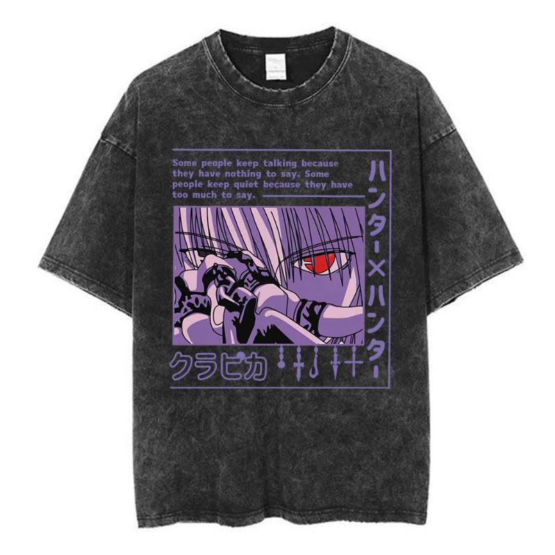 Anime Hunter X Hunter Logo Vintage Washed T Shirt Killua Gon Cherry Blossom Graphic T-shirt Men Fashion Casual Oversized Tshirt