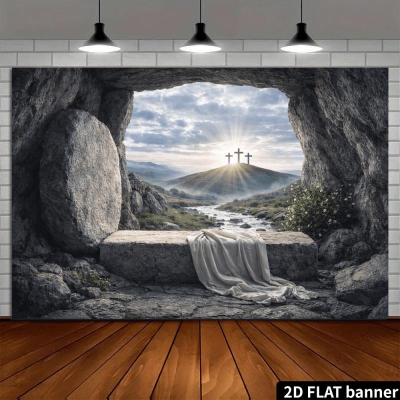 1pc, 2D Flat, Christian Empty Tomb Backdrop, Polyester Material, Suitable for Indoor Use, Wsj