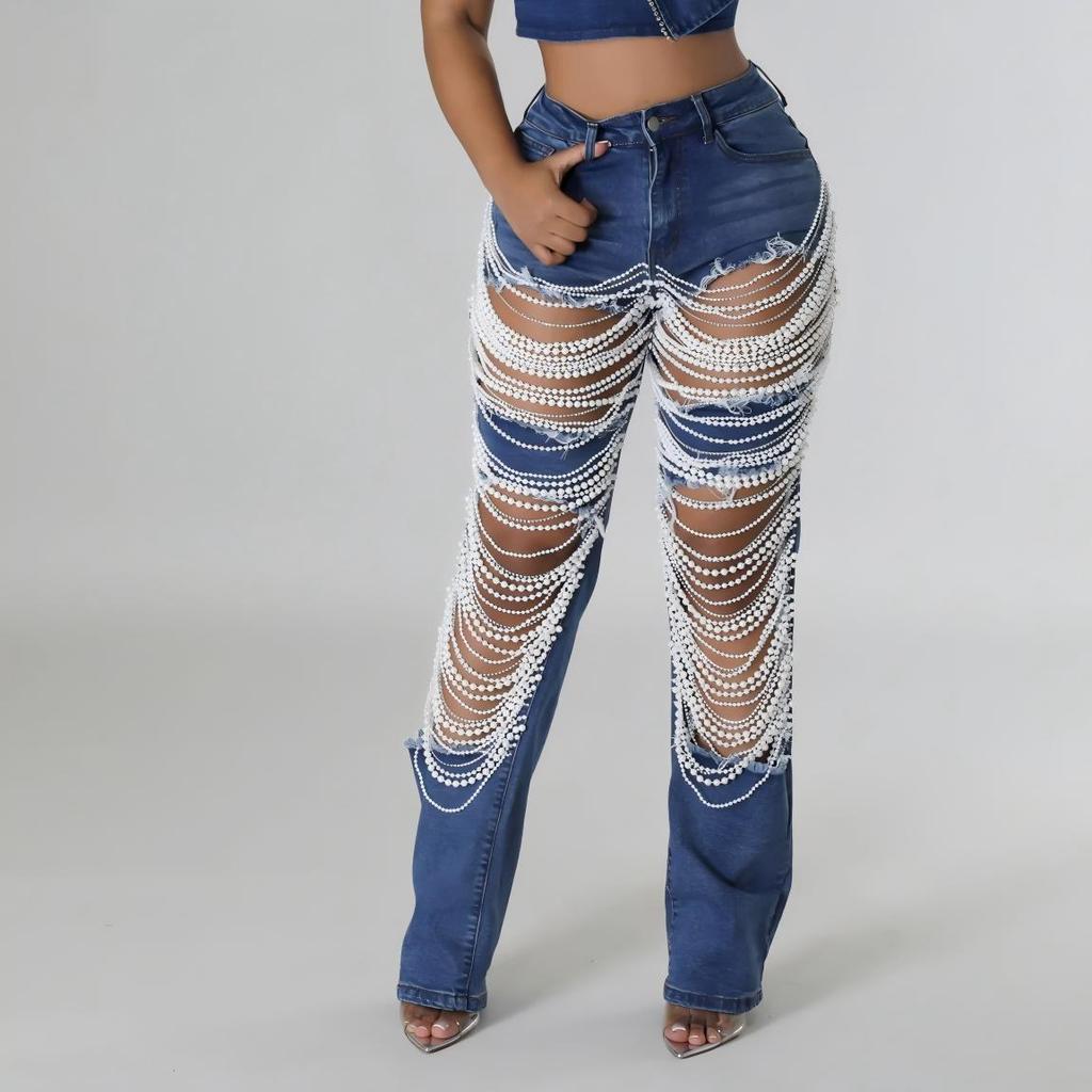 2025 Beaded Ripped Elastic Jeans for Women: Hot Girl Summer Style