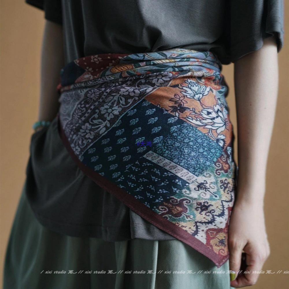 Women's Red-Brown Retro Silk Scarf: Versatile, Triangle & Square Styles for Waist, Head, or Neck