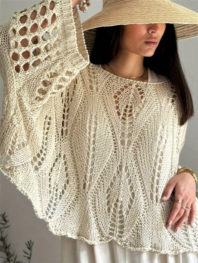 Women S Loose Hollow Knit Sweater Seven Quarter Sleeve Casual Fashion Pullover S абрикосовый