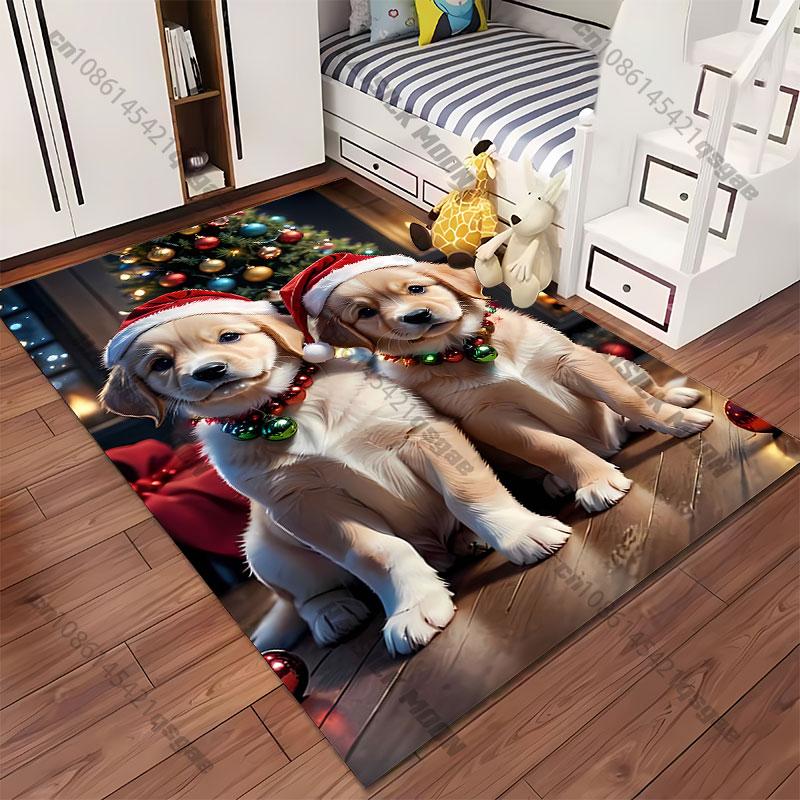 Christmas Festive Puppies Wearing Hats Carpet Yoga Living Room Room Decor Children's Crawling Mat Doormat Area Rug