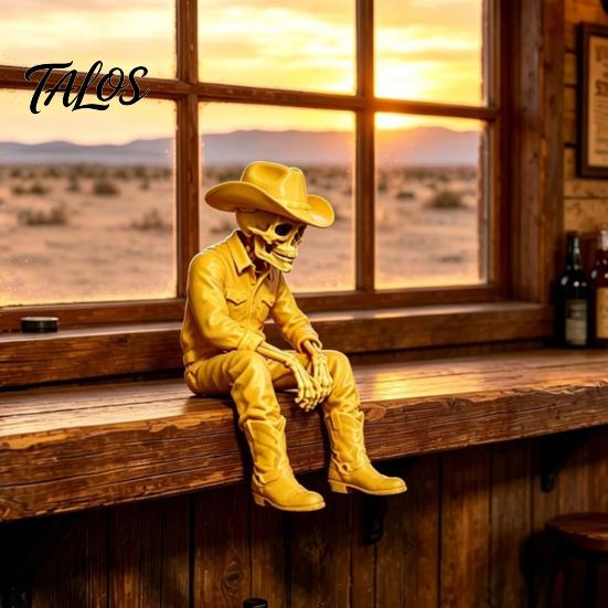 Window Edge Decoration 3D Printed Western Cowboy Skeleton Figurine, Sitting Statue Rustic Desk Decor Sitter, West Style Desktop Shelf for Home Office