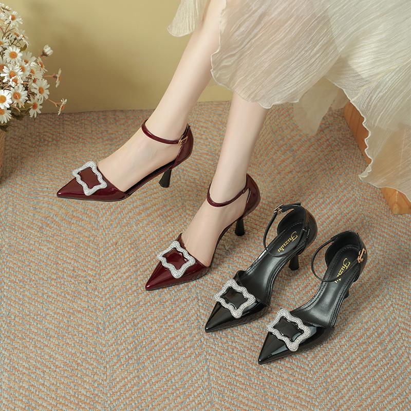 European and American Style Hollow Sandals Women's New Patent Leather Niche Temperament Square Buckle Rhinestone Shallow High Heels In Summer 2025
