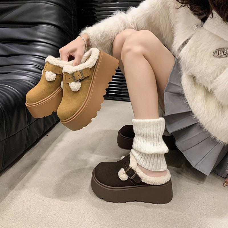 Winter New Muffin Warm Thick Sole Height-increasing Plush Women's Retro One-pedal Lofu Casual Comfortable Cotton Shoes