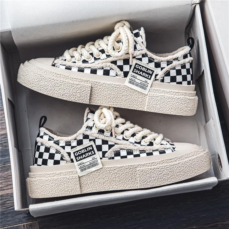 Men Grid Canvas Shoes Platform Casual Flat Shoes Fashion Comfort Wear-resistant Sneakers Zapatillas Tenis Trendy Man Board Shoes