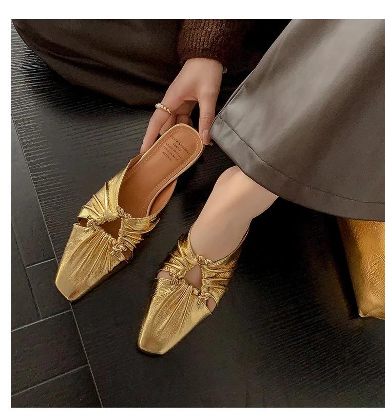 Fashion Women's Slippers Square Toe Metal Decoration Square Heel Women's Mules Leisure Daily Cover Toe Sexy Zapatillas De Mujer