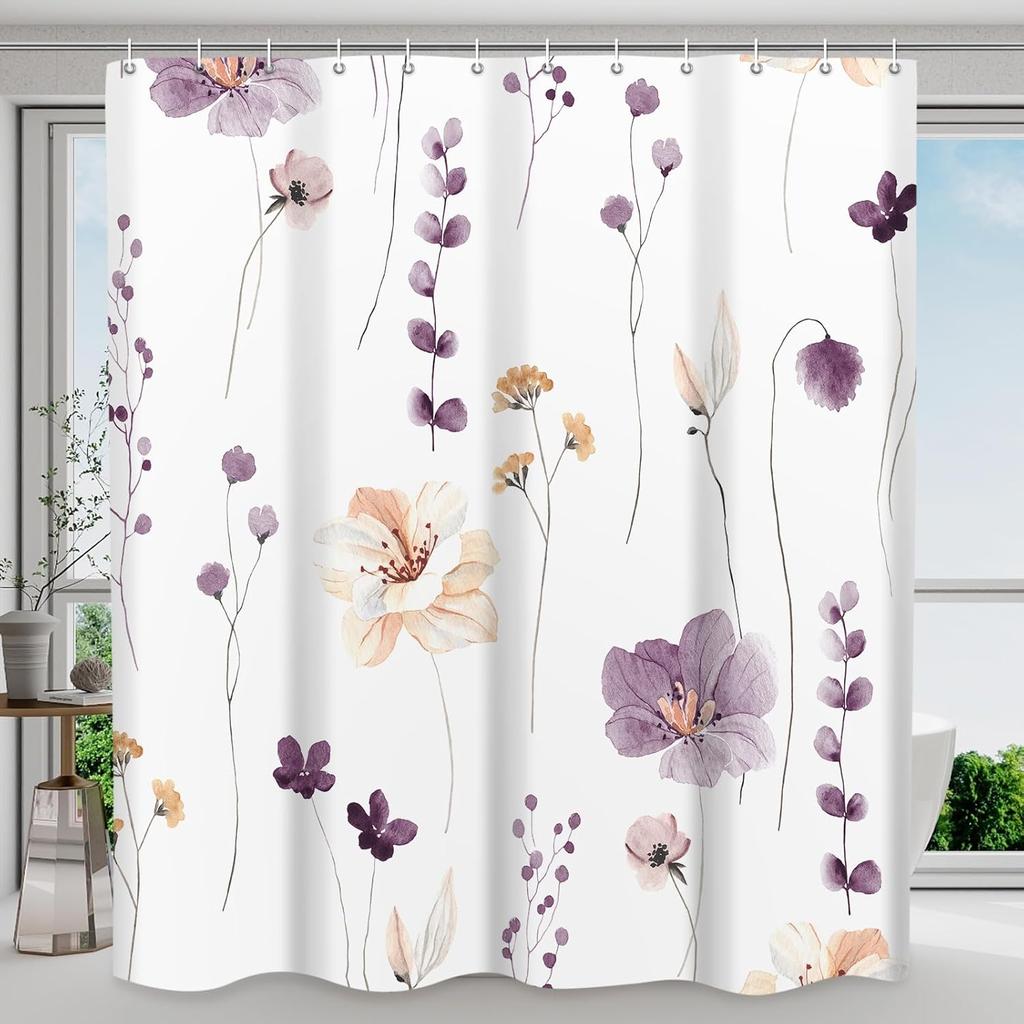 Shower Curtain Watercolor Flower Shower Curtain Sets - Spring Burnt-Orange Floral Plant Shower Curtains for Bathroom