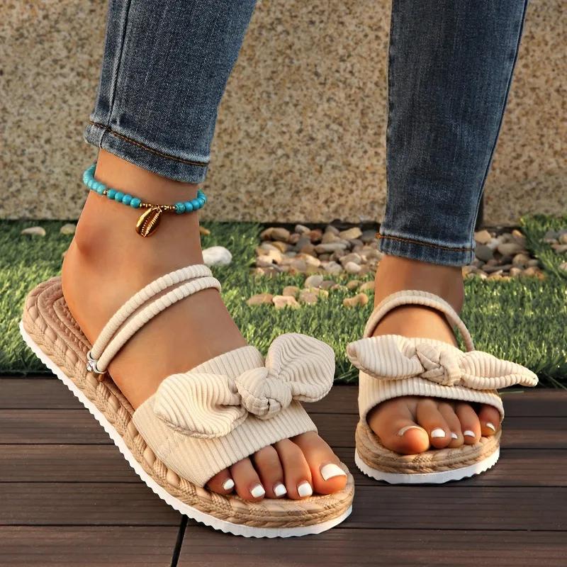 Bow Flats Women Slippers Casual Summer New Woman;s Sandals 2025 Trend Cozy Flip Flops Walking Dress Knitting Mujer Zapatillas