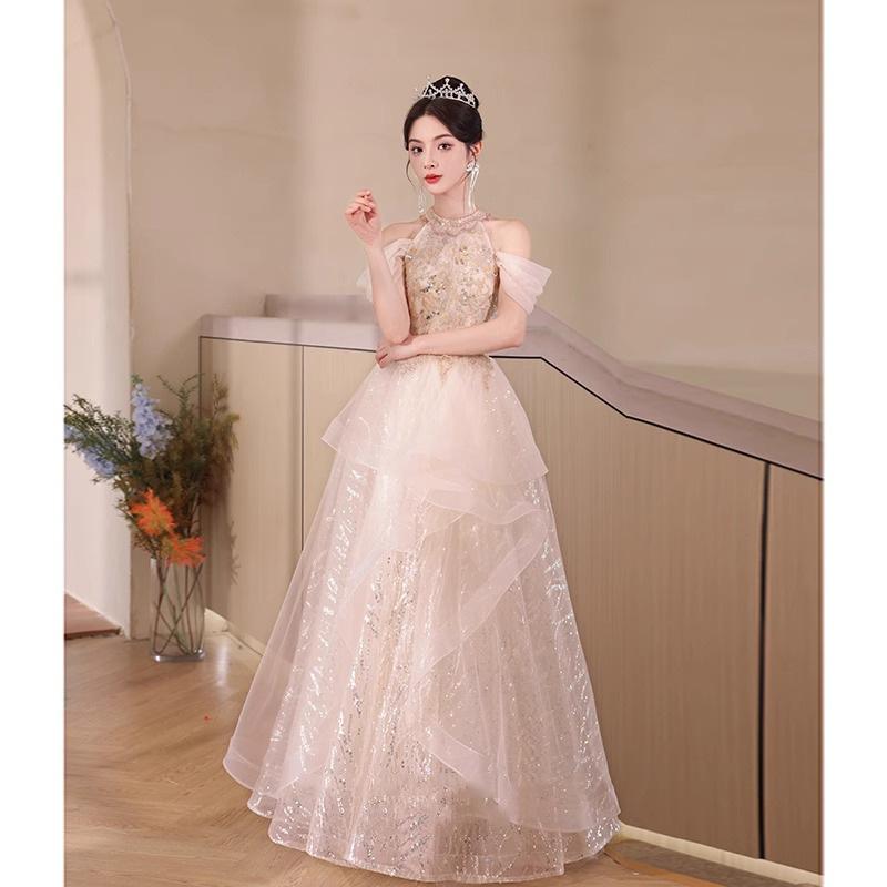 Evening dress 1011 new light luxury niche neck sleeveless princess dress engagement toast host adult dress