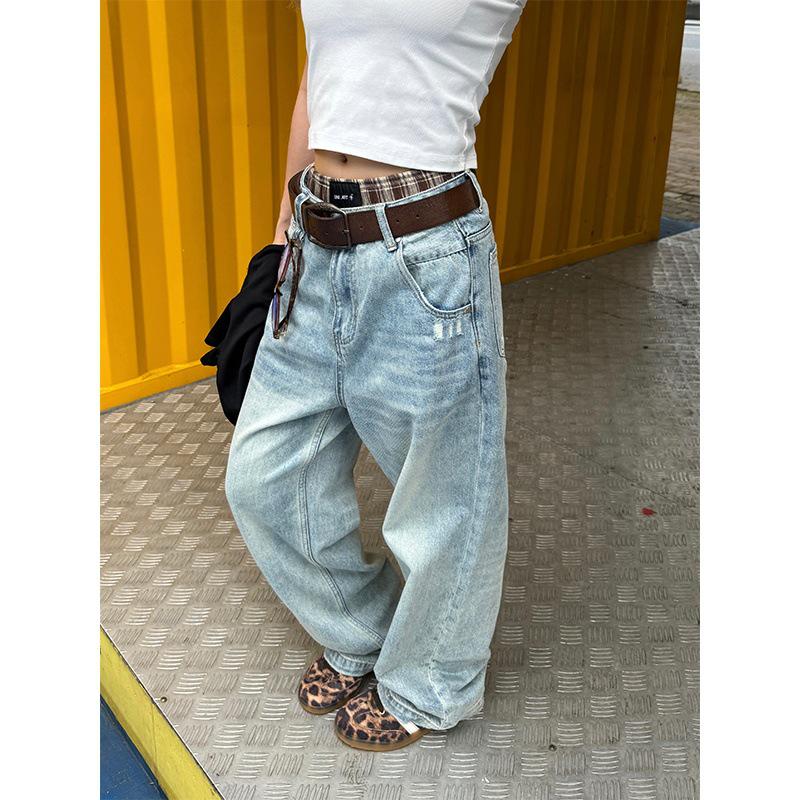 Unisex Retro Washed Wide-Leg Ripped Jeans – Floor-Length, Trendy Casual Style Medium синий