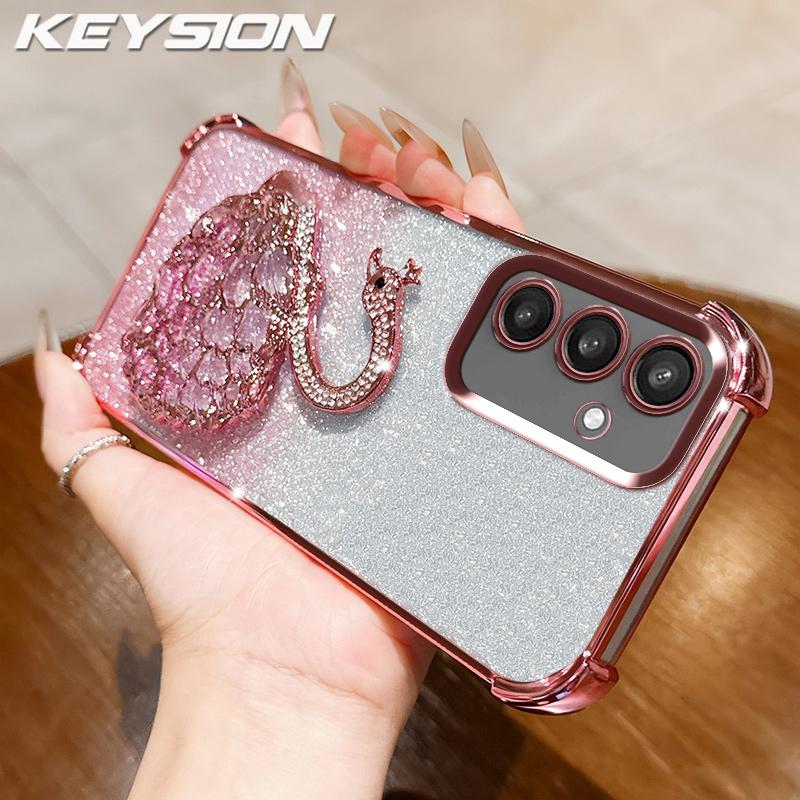 KEYSION Shockproof Plating TPU Phone Case for Samsung S24 S25 Ultra S25+ Glitter Jewelled Swan kickstand Cover for Galaxy S24 S25 FE 5G