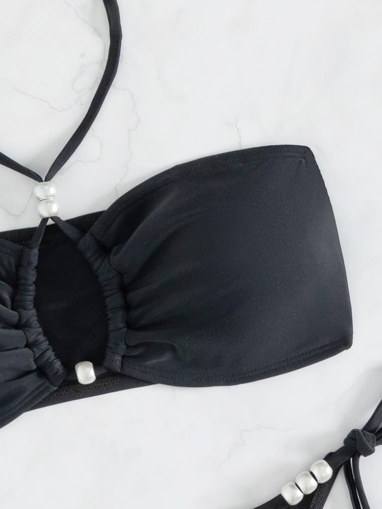 Halter Tie Pearl Decor Sexy Two Piece Bikini Set Elegant Women Swimwear