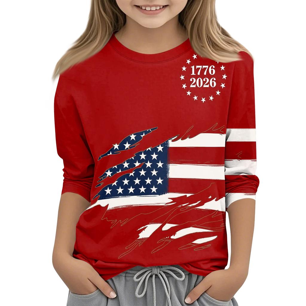 Children's Independence Day Printed Round Neck Seven Quarter Sleeve Casual T-shirt