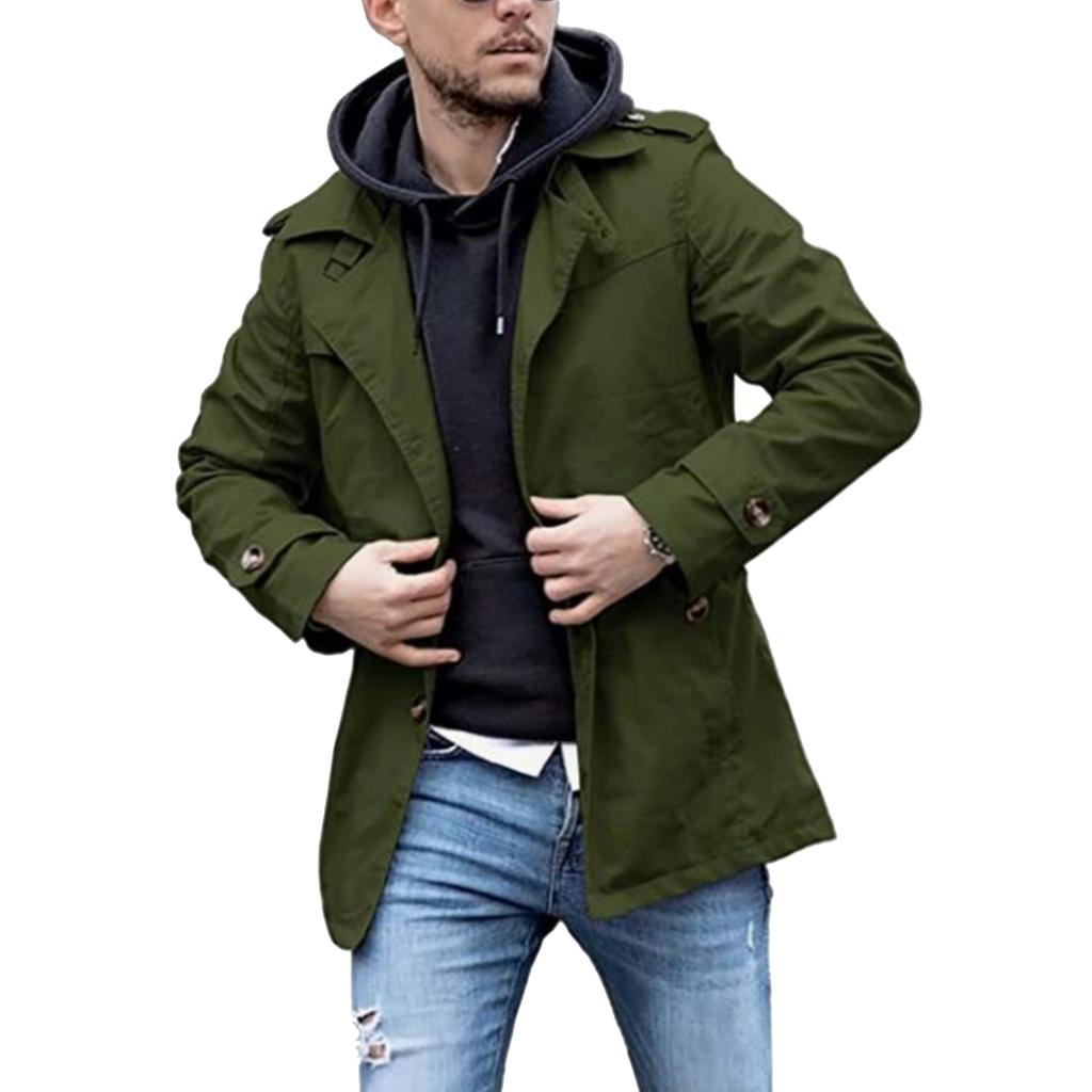 Trench da uomo casual e alla moda, tinta unita, lunghezza media, con revers e bottoni