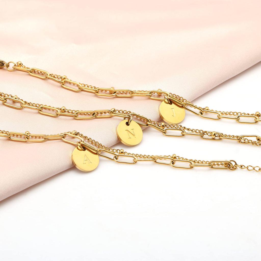 18K Gold Plated Stainless Steel Bracelet - Double Layer Paperclip & Beaded Chain with 26 Letter Pendant for Women