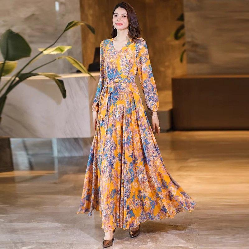 Elegant Waist-Cinching Summer Print Dress