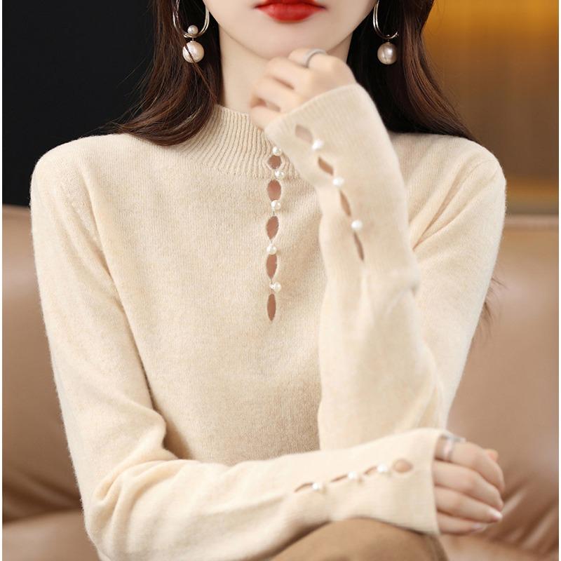 

Женский свитер с полувысоким воротником, однотонный, с жемчужной пряжкой, рваный, тонкой вязки, на осень и зиму, для ношения внутри и снаружи, кашемировый свитер XXL бежевый