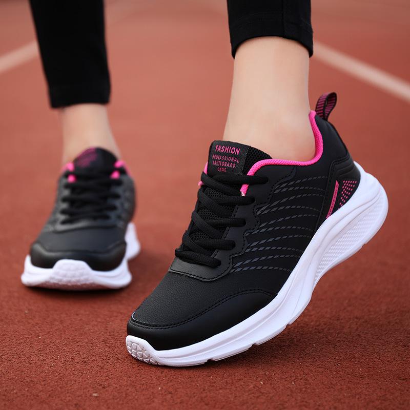 Brand women's shoes autumn and winter sports shoes leather waterproof and lightweight running shoes women's black soft-soled casual non-slip