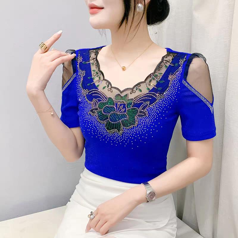 

Высококачественная летняя женская футболка Модная блестящая футболка с цветами и горячими бриллиантами Женская сексуальная футболка с коротким рукавом класса люкс XL синий