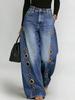 Women's Washed Blue High-Waist Metal Grommet Wide Leg Jeans Casual Loose Fit Streetwear Pants Casual Trousers