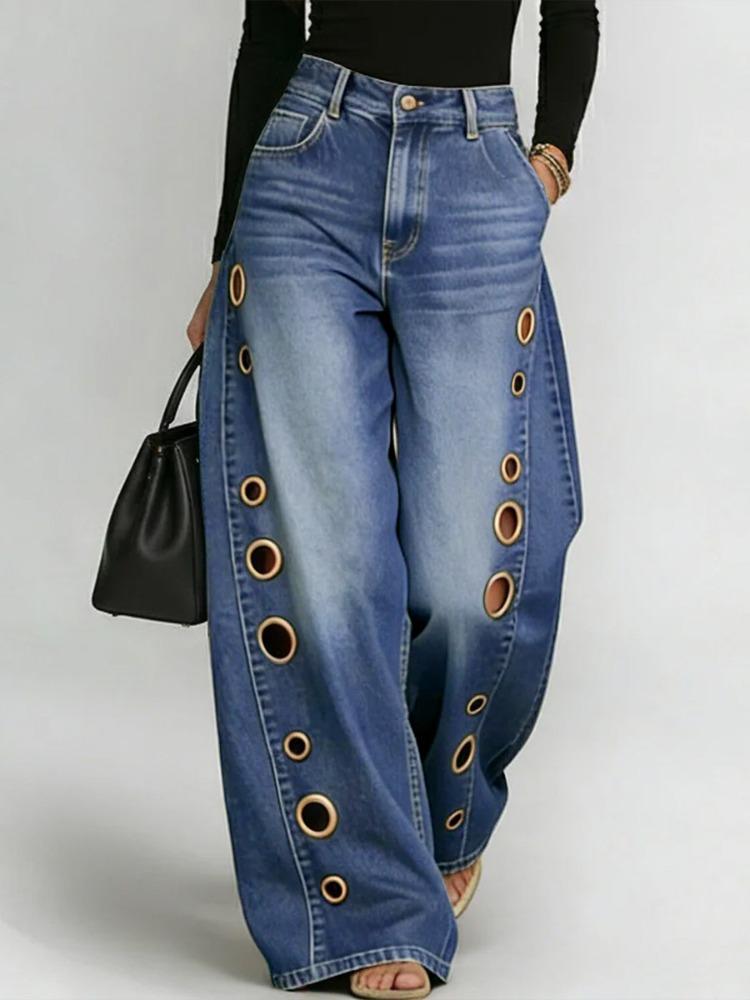 Women's Washed Blue High-Waist Metal Grommet Wide Leg Jeans Casual Loose Fit Streetwear Pants Casual Trousers