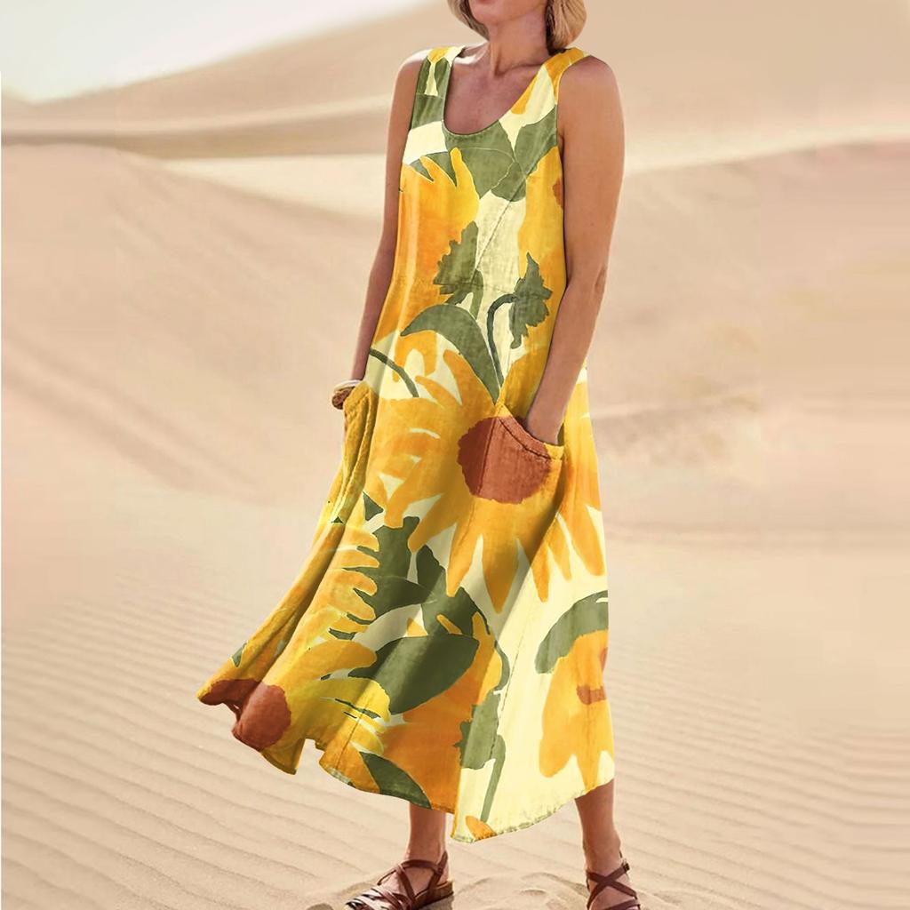 Women's Summer Casual Fashion Printed Sleeveless Round Neck Pocket Dress