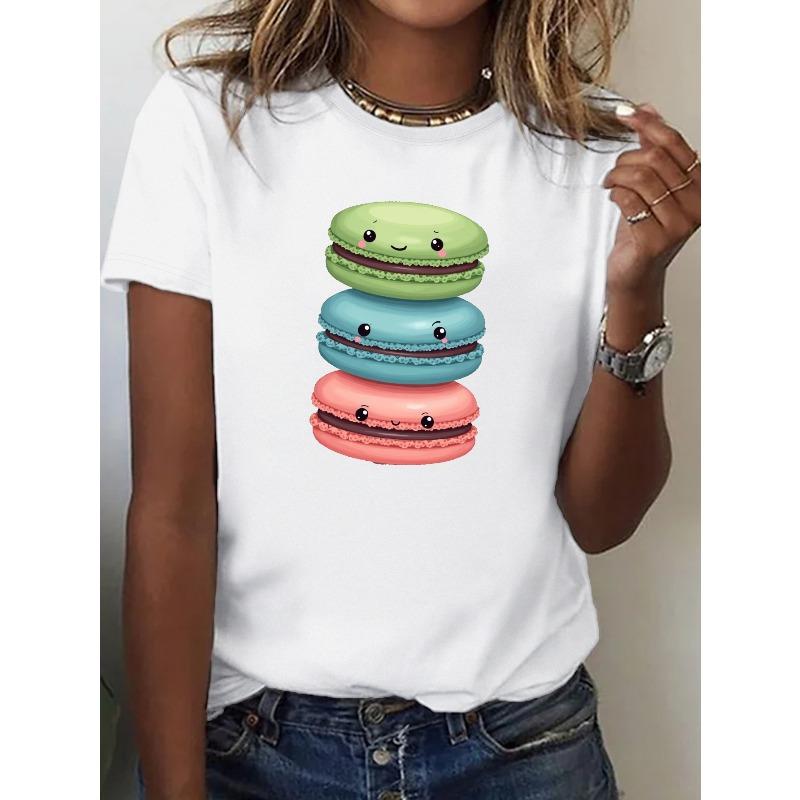 

Women Cute Macaron Faces Graphic T-Shirt Black Colorful Print Round Neck Short Sleeve Comfort Fit Casual Top S белый