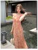 2026 Slimming Pink Floral Lace-up Beach Dress: Women's French Summer Spaghetti Strap