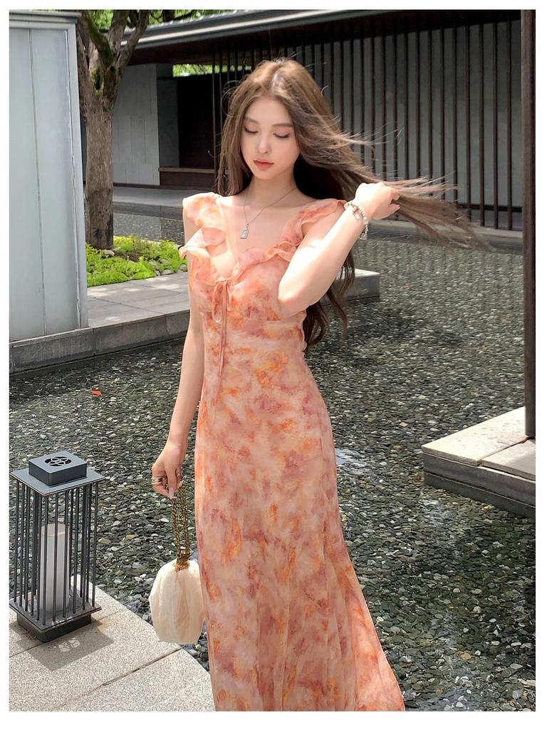 2026 Slimming Pink Floral Lace-up Beach Dress: Women's French Summer Spaghetti Strap