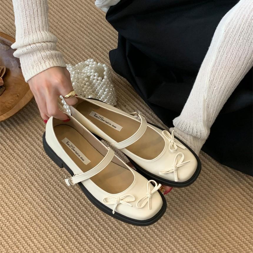 French retro college style small leather shoes bow girl Mary Jane shoes summer platform with skirt thick heel single shoes