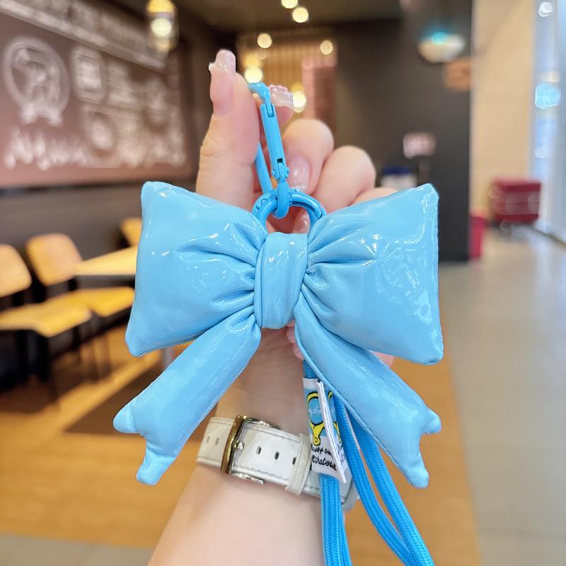 Y2K Trendy Candy Color Leather Cotton Filled Bow Keychain Sweet Bowknot Keyring Bag Pendant Backpack Hanging Decoration